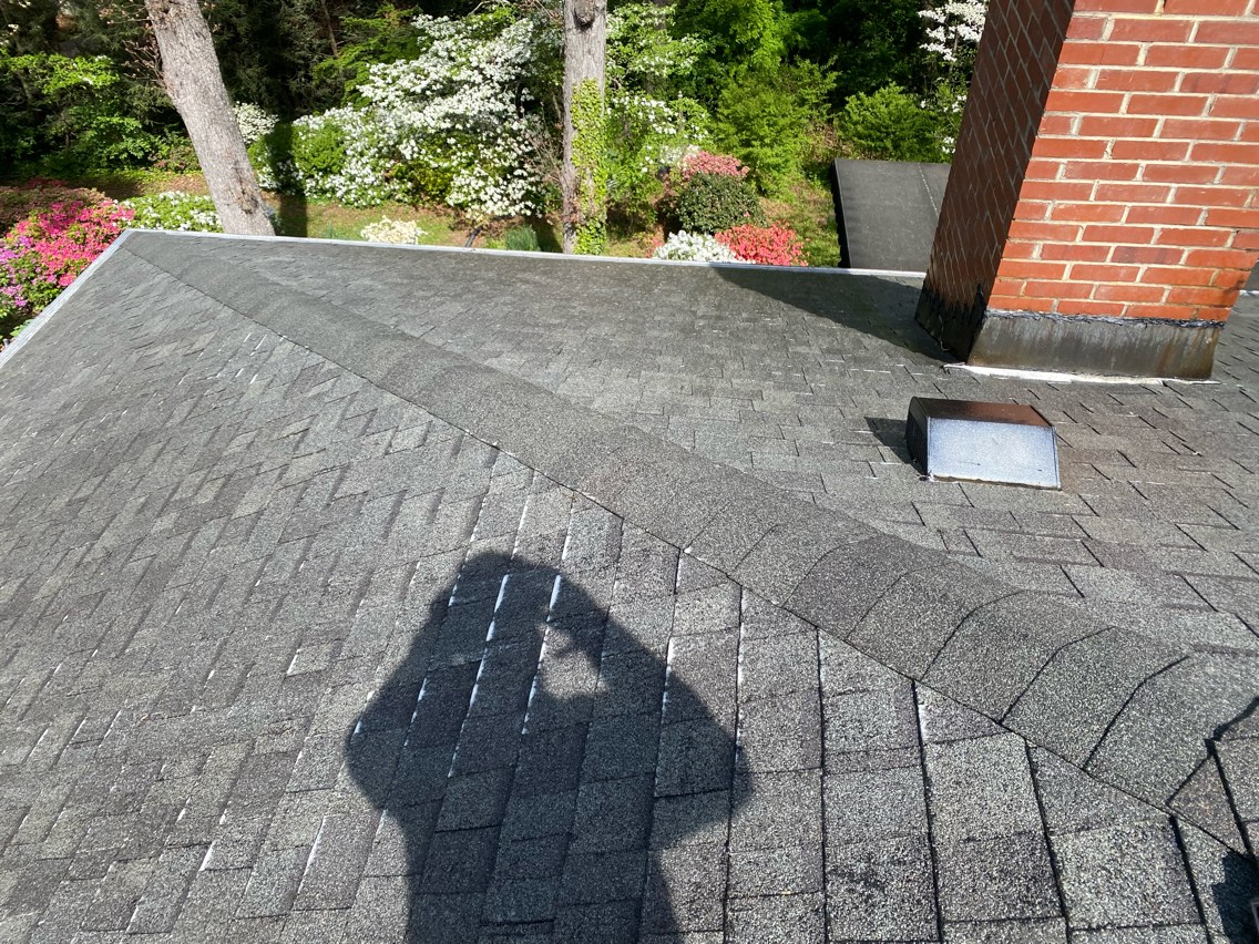 Roof after soft wash — clean shingles, all algae removed, Hickory NC by HydroClean